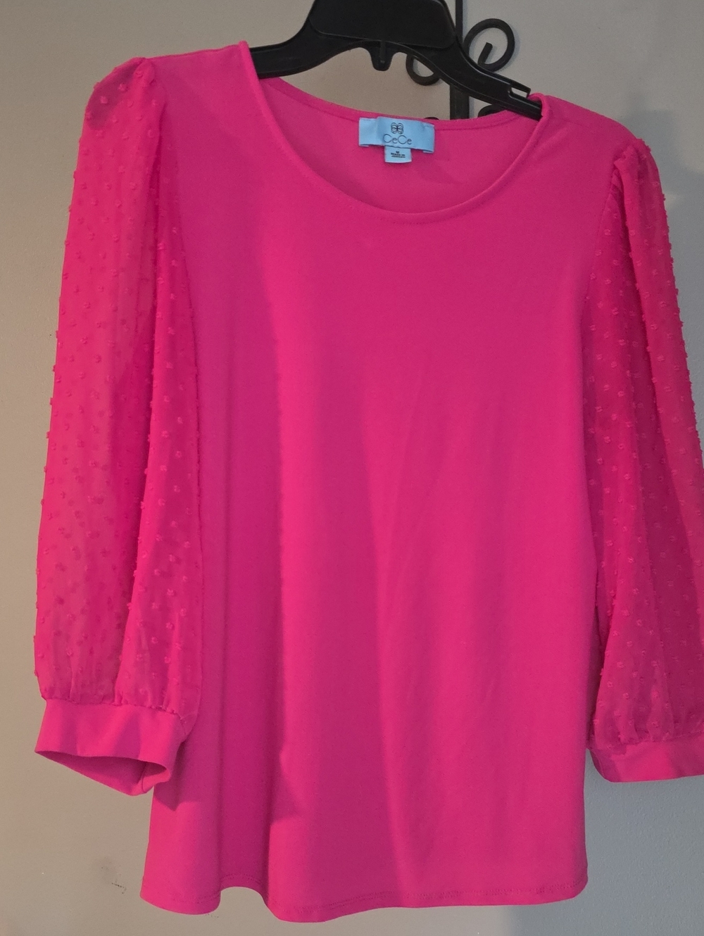 CeCe Hot Pink Sheer Dot Sleeve Blouse Size M
